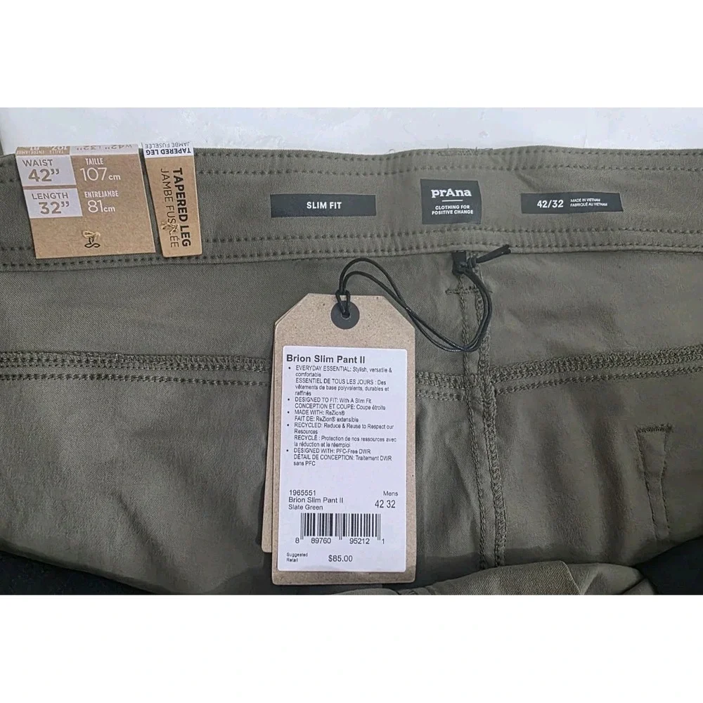PrAna Brion Slim ReZion Pant II Pants Mens 42x32 Slate Green Hiking Outdoor NEW